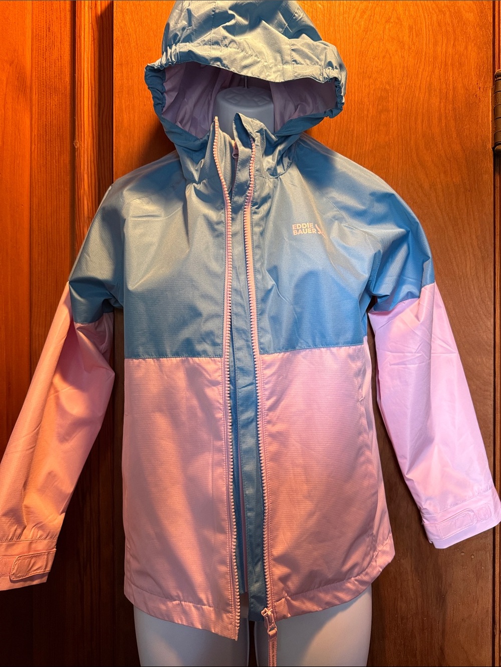 Eddie Bauer Two-Tone Hooded Rain Jacket in Light Blue and Pink